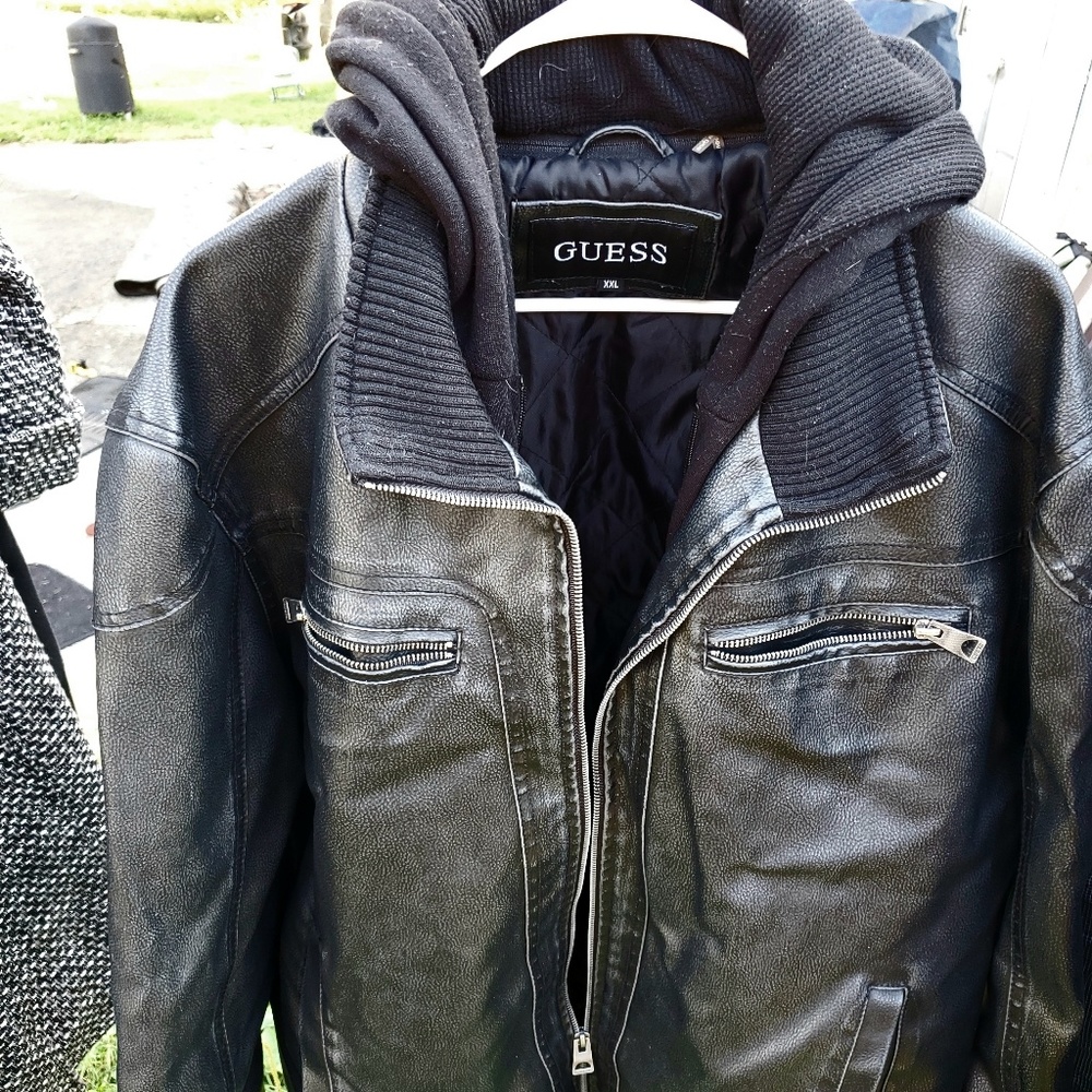 Guess Hooded Leather Jacket Heavy